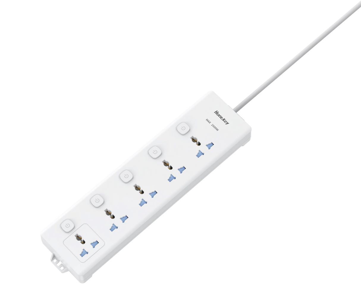 Huntkey DMC502 Power Strip with Individual Switches, 5 Universal Sockets, 3M Heavy-Duty Extension Cable, Surge Protection Multi Plug Board, Flame-Retardant Housing, Wall Mount Design