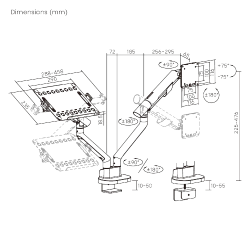 Avetron Nova Slim Mechanical Spring Monitor Arm w/ Laptop Tray – 17″–35″, 2–11 kg, Full Motion, Top-Side Mount