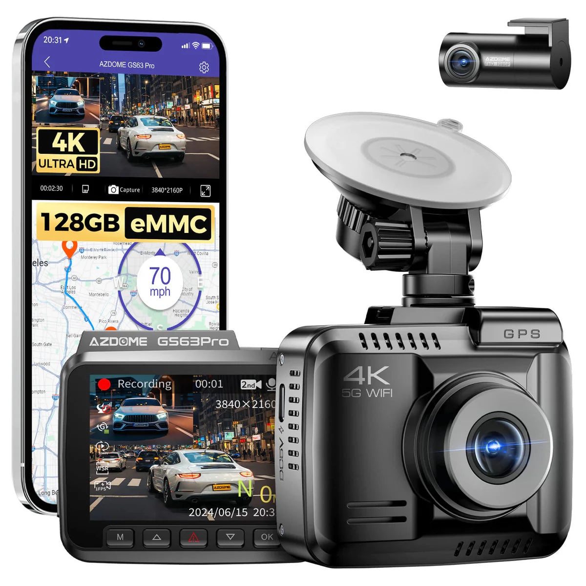 AZDOME GS63 Pro 2CH Dash Cam 4K with No-Light Full-Color Night Vision