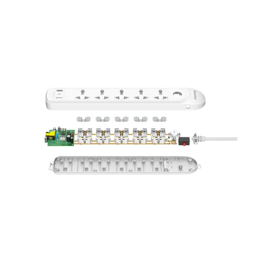 HUNTKEY DMA507 8-in-1 Universal Power Strip with 5/4/3 Outlets, 2 USB-A + 1 USB-C (12 W), Surge & Overload Protection – Max 2500 W/10 A/250 V