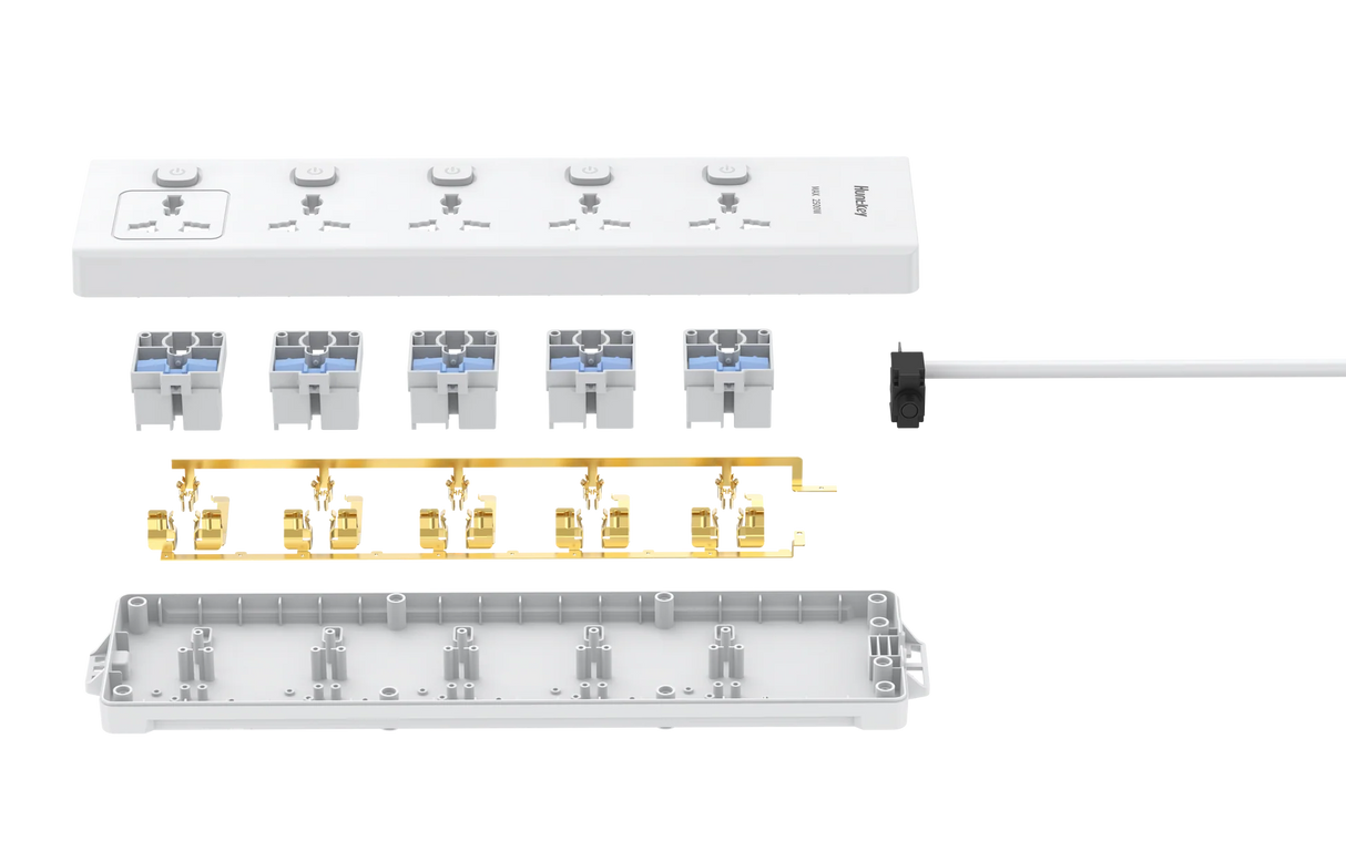 Huntkey DMC502 Power Strip with Individual Switches, 5 Universal Sockets, 3M Heavy-Duty Extension Cable, Surge Protection Multi Plug Board, Flame-Retardant Housing, Wall Mount Design