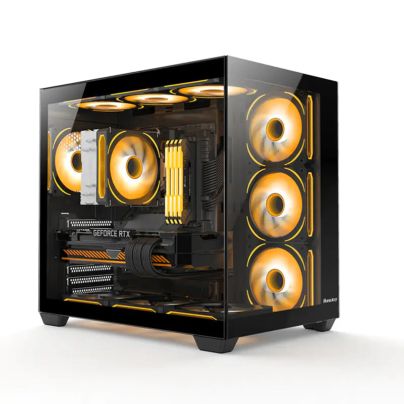 Huntkey S980 Tornado Full View Gaming PC Case, ATX/M-ATX/Mini-ITX Support, Dual Tempered Glass Panels, 10 Fan Slots & 360mm Liquid Cooling Ready, 400mm GPU Compatible (Fans Not Included)