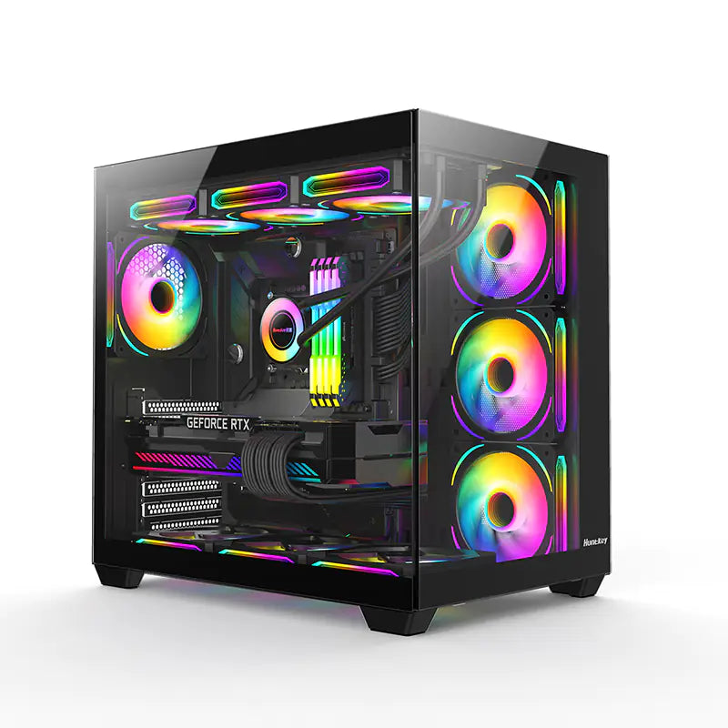 Huntkey S980 Tornado Full View Gaming PC Case, ATX/M-ATX/Mini-ITX Support, Dual Tempered Glass Panels, 10 Fan Slots & 360mm Liquid Cooling Ready, 400mm GPU Compatible (Fans Not Included)