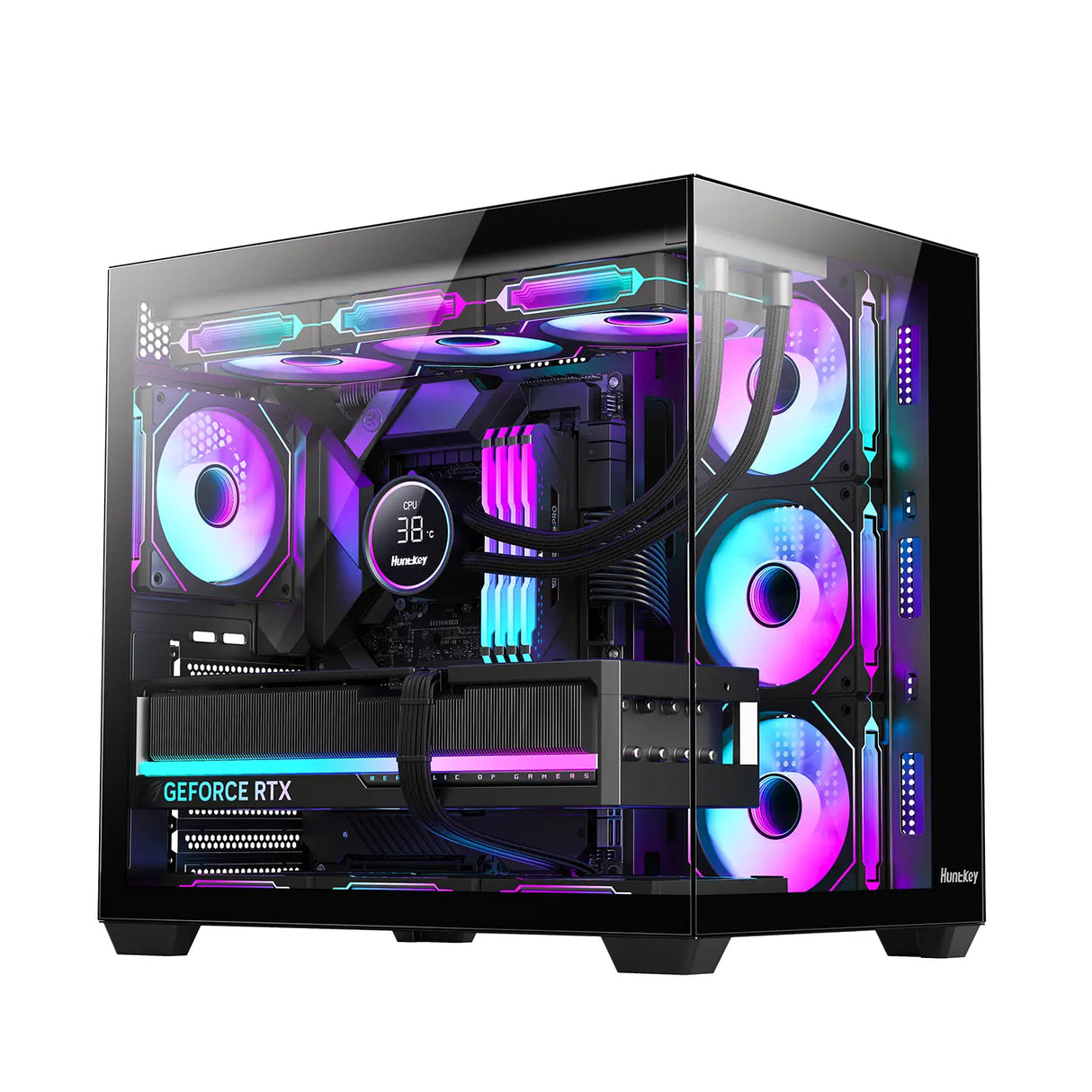Huntkey S970 Max Storm Blizzard Edition Gaming PC Case, Full View Triple Tempered Glass, ATX/M-ATX/Mini-ITX Support, Up to 10 Fans & 360mm Liquid Cooling, 400mm GPU Clearance (Fans Not Included)