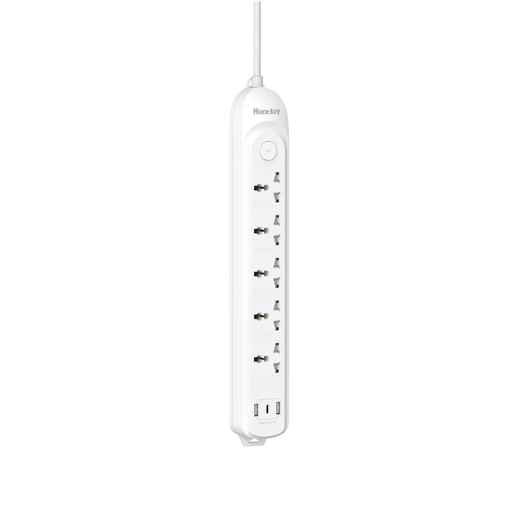 HUNTKEY DMA507 8-in-1 Universal Power Strip with 5/4/3 Outlets, 2 USB-A + 1 USB-C (12 W), Surge & Overload Protection – Max 2500 W/10 A/250 V